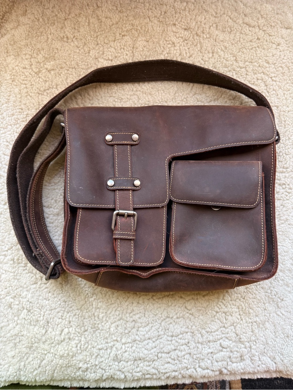 Brown Leather Messenger Bag with Front Pockets